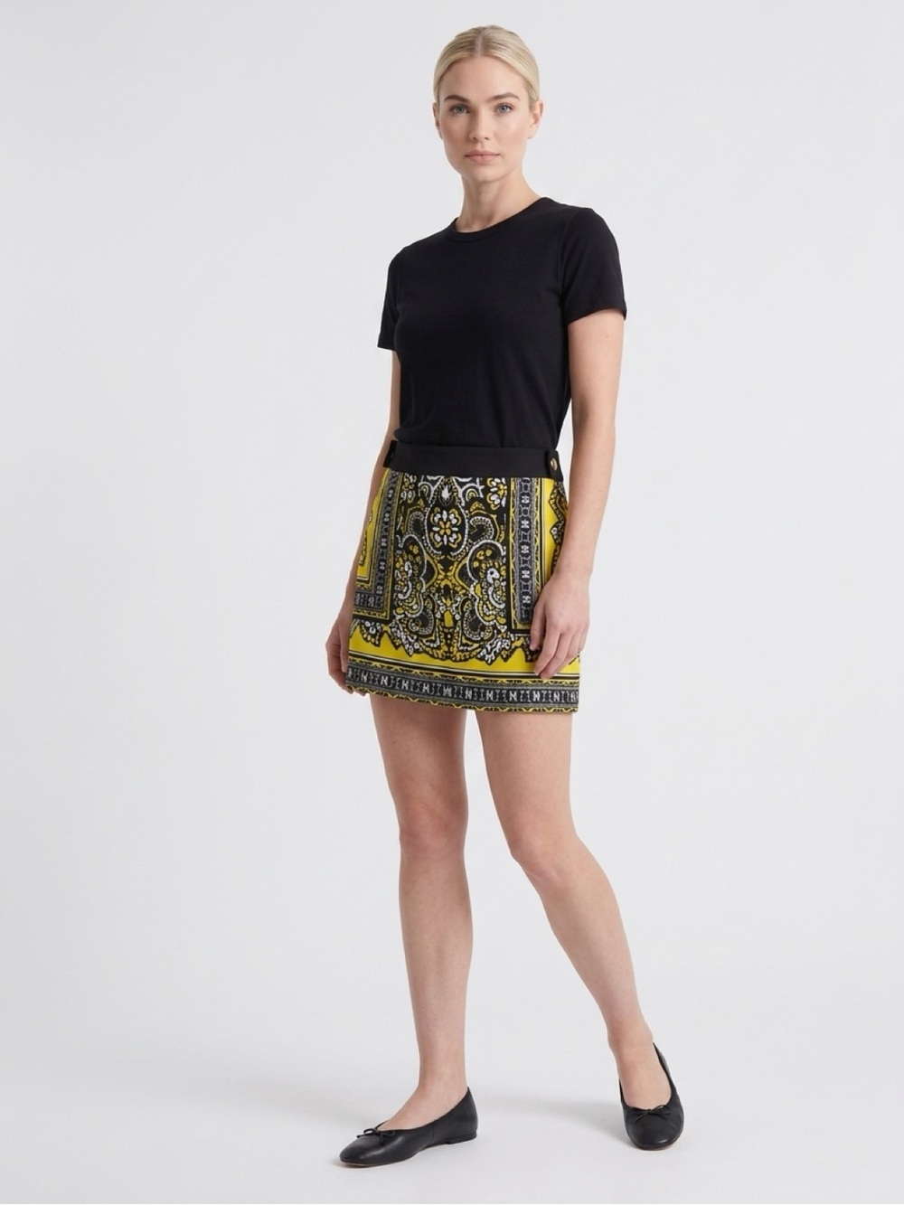 Yellow Patterned Mini Skirt with Black Waistband